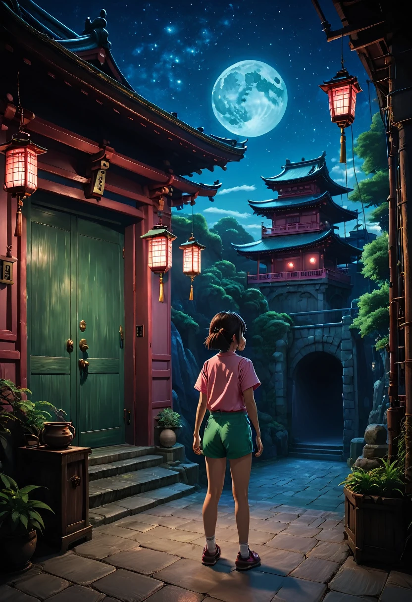 (masterpiece, best quality, high resolution, rich details, 8k),
vivid depiction of Chihiro's first encounter with the Bathhouse in "Spirited Away" by Studio Ghibli. The scene is at night with the Bathhouse, a large traditional Japanese-style building with a red exterior, illuminated by lanterns. Chihiro, a young girl in a pink T-shirt and green shorts, stands in awe at the entrance. Haku, in a white and blue outfit, is beside her, pointing towards the Bathhouse. Include a few spirits or fantastical creatures and a starry night sky to enhance the magical atmosphere. Use rich, vibrant colors to reflect Studio Ghibli's art style.