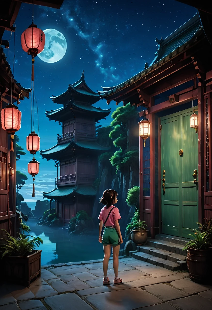 (masterpiece, best quality, high resolution, rich details, 8k),
vivid depiction of Chihiro's first encounter with the Bathhouse in "Spirited Away" by Studio Ghibli. The scene is at night with the Bathhouse, a large traditional Japanese-style building with a red exterior, illuminated by lanterns. Chihiro, a young girl in a pink T-shirt and green shorts, stands in awe at the entrance. Haku, in a white and blue outfit, is beside her, pointing towards the Bathhouse. Include a few spirits or fantastical creatures and a starry night sky to enhance the magical atmosphere. Use rich, vibrant colors to reflect Studio Ghibli's art style.