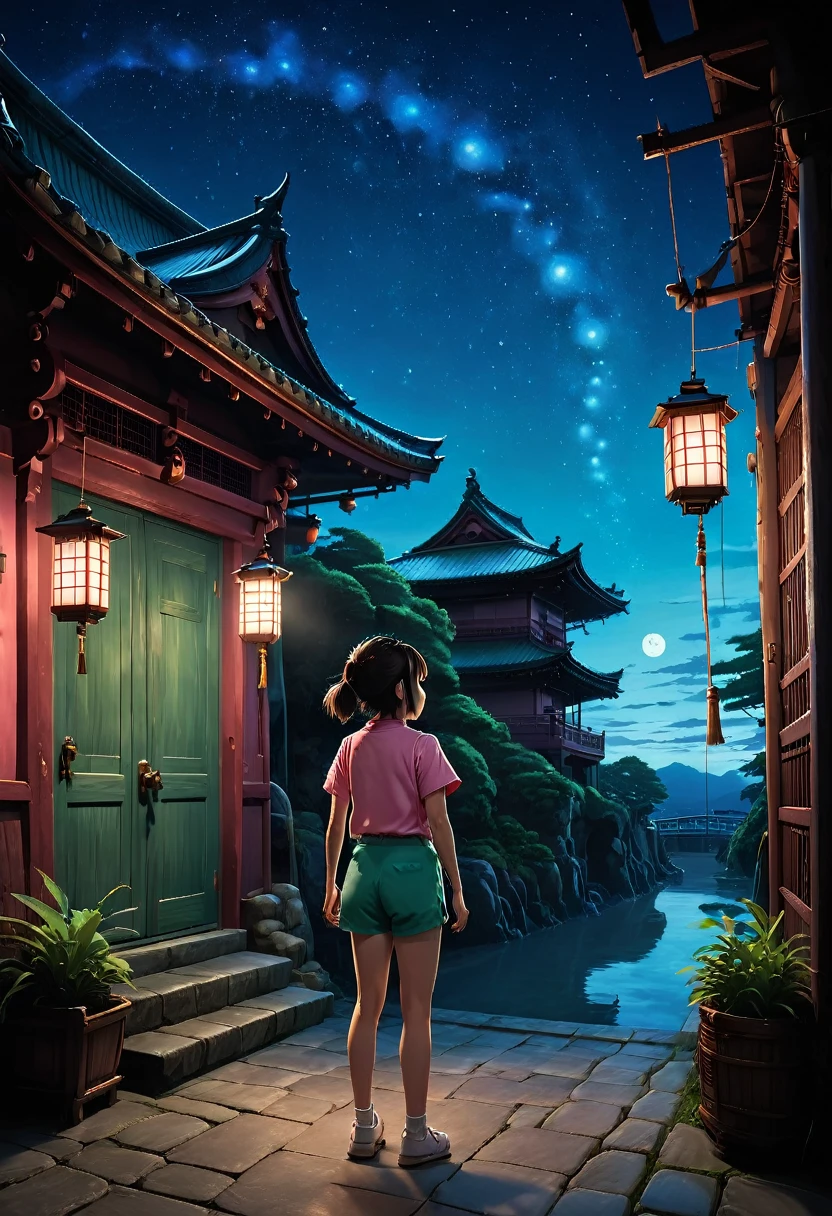 (masterpiece, best quality, high resolution, rich details, 8k),
vivid depiction of Chihiro's first encounter with the Bathhouse in "Spirited Away" by Studio Ghibli. The scene is at night with the Bathhouse, a large traditional Japanese-style building with a red exterior, illuminated by lanterns. Chihiro, a young girl in a pink T-shirt and green shorts, stands in awe at the entrance. Haku, in a white and blue outfit, is beside her, pointing towards the Bathhouse. Include a few spirits or fantastical creatures and a starry night sky to enhance the magical atmosphere. Use rich, vibrant colors to reflect Studio Ghibli's art style.