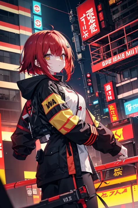 red hair　yellow eyes　bob　外はねbob　confused eyes　bob　red hair　thick, vibrant red hair　bob　whole body　female性　female　cyberpunk costu...