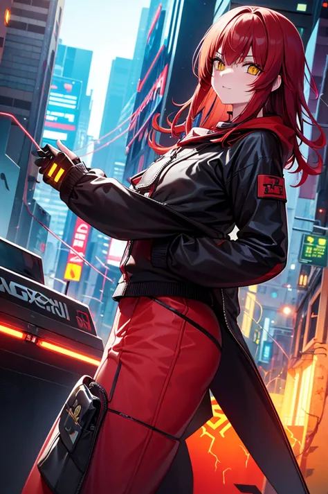 red hair　yellow eyes　bob　外はねbob　confused eyes　bob　red hair　thick, vibrant red hair　bob　whole body　female性　female　cyberpunk costu...