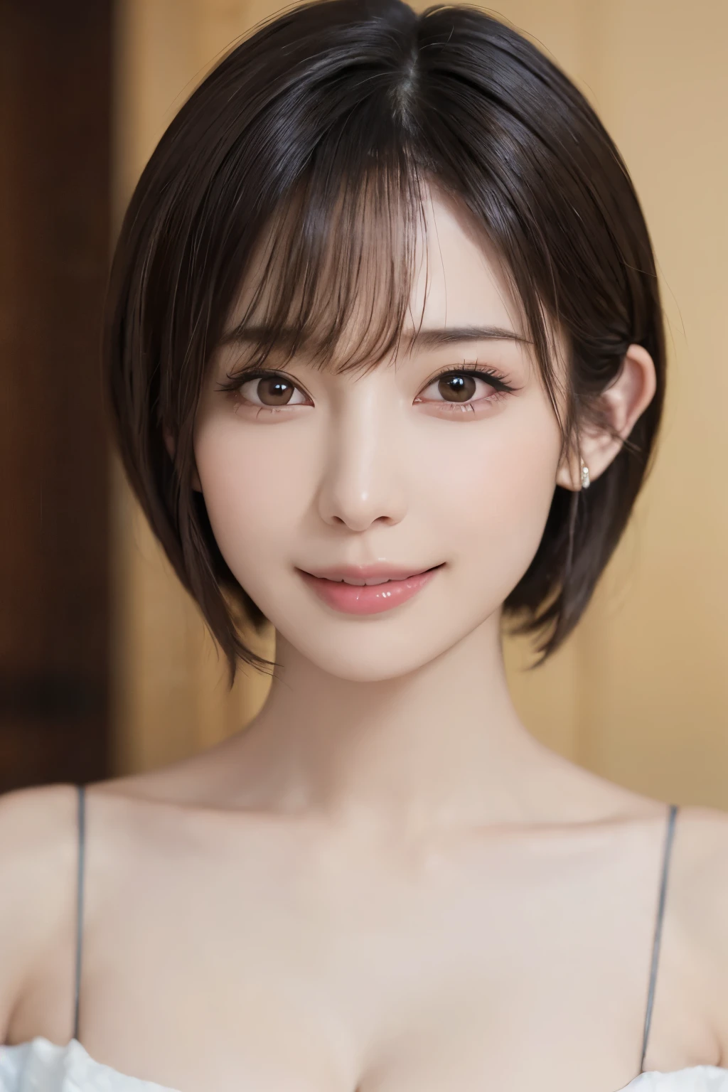 Highest quality, masterpiece, (Realistic: 1.4, Everything is beautifully detailed), One Woman, Golden Ratio, Perfect Face, Beautiful appearance, Pretty face, Face close-up, Short Bob, short hair, smile from Different Angles, smile, Gloss, highlight, Glossy on Skin, Glossy on Skin, Wet Skin, Wet, bangs, Cute smile, bust, Off the shoulder, Refreshing charm, Full of elegance, smile from perfect hand angle, smile, Gloss, highlight, Glossy skin, bangs, bust, big, 暖かいOff the shoulder, Refreshing charm, Ear clearing, Looking into the camera, Pose from different angles, {gigantic|big|huge|mega} breasts, cleavage