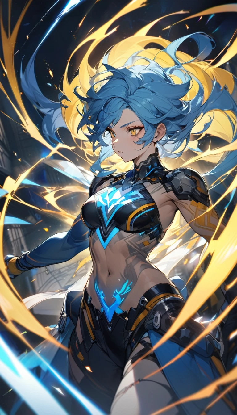 highest quallity, super quality, 16K, Incredibly Absurd, very detailled, delicate and dynamic, naturallight, A girl with tattoos, a little muscular, with blue hair and yellow highlights, with a rebellious appearance. She has electricity powers and wears a stylish costume to contain her power., with electric currents around her symbolizing her ability, Filipino,linda,TranT,he would be