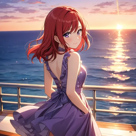 highest quality、masterpiece、maki nishikino、(purple eyes)、red hair、embarrassed face、looking back、arms behind back、sunset、cruising...