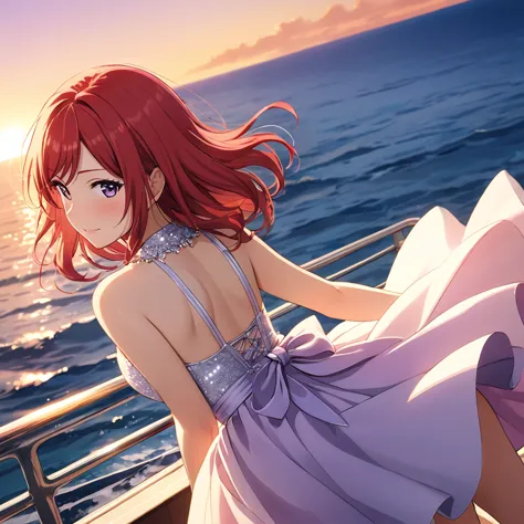 highest quality、masterpiece、maki nishikino、(purple eyes)、red hair、embarrassed face、looking back、arms behind back、sunset、cruising...