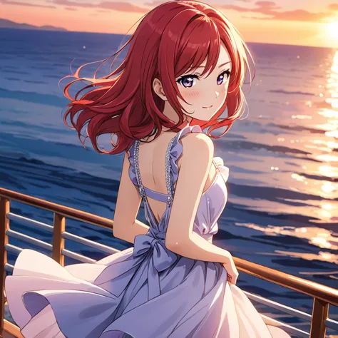 highest quality、masterpiece、maki nishikino、(purple eyes)、red hair、embarrassed face、looking back、arms behind back、sunset、cruising...