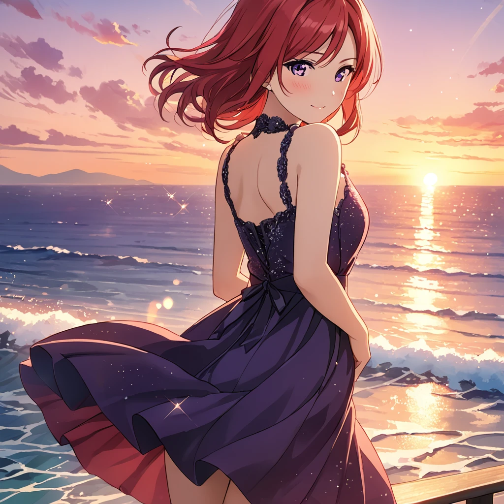 Highest quality、masterpiece、Maki Nishikino、(Purple Eyes)、Red Hair、Embarrassed face、Looking back、Arms behind back、sunset、cruising、dress、Sparkling、Ocean