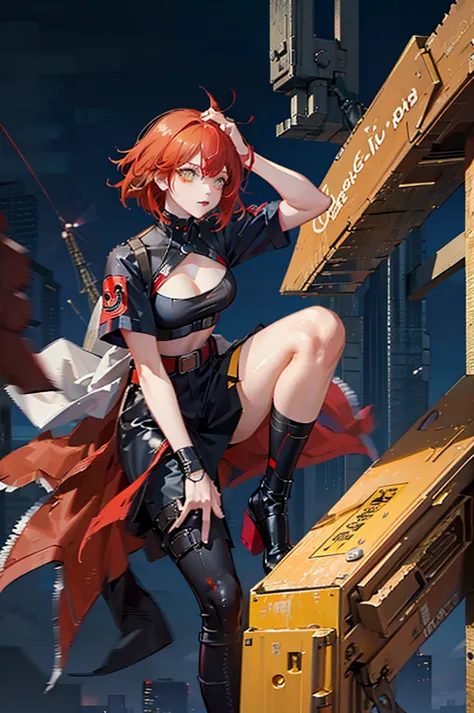 red hair　yellow eyes　bob　外はねbob　confused eyes　bob　red hair　thick, vibrant red hair　bob　whole body　female性　female　cyberpunk costu...