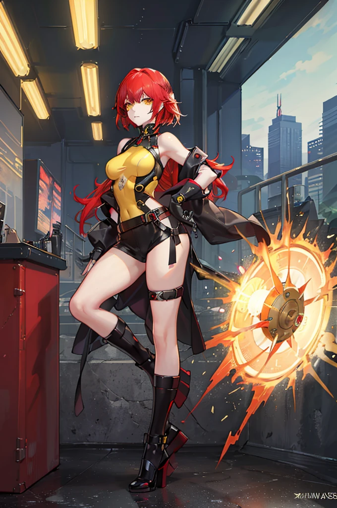 　Red Hair　Yellow Eyes　Bob　外はねBob　Confused eyes　Bob　Red Hair　Thick, vibrant red hair　Bob　whole body　female性　female　Cyberpunk Costume　Yellow costume　黄色いCyberpunk Costume　Dynamic pose　battle　electricity　Bobヘア