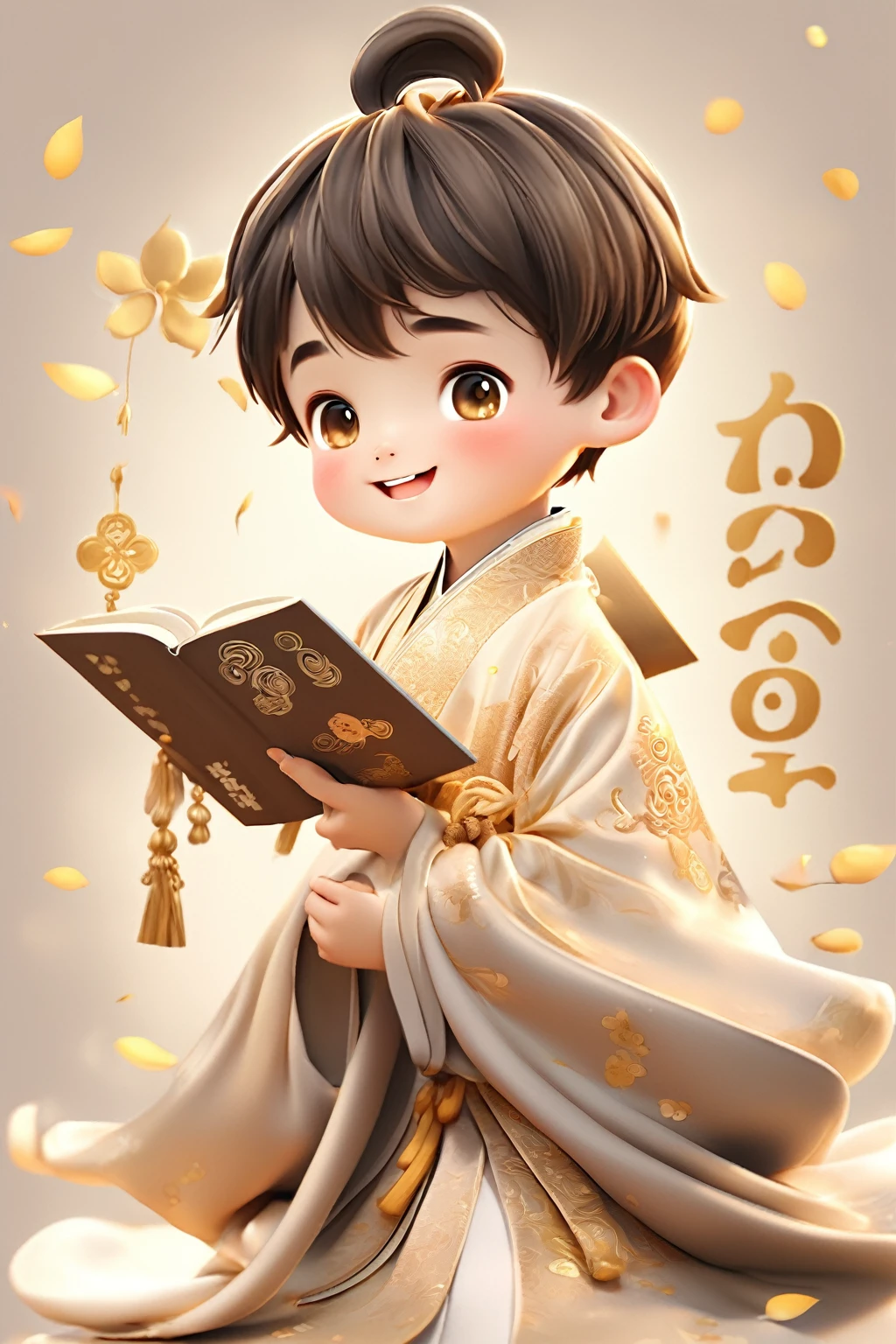  trägt hellgoldene Hanfu，lächelnd, Süße Zahlen, Süße Zahlen艺术, Wunderschön detaillierte digitale Kunst, Süßer Kawaii-Junge, Süße super realistische Charaktere, süßer Anime-Junge, Süßes Lachen, Realistischer süßer Junge, schöne Charaktermalerei, Schöne Charaktere, helle Haut，super realistisch，Schönes Porträt, süßer Ausdruck, Kawaii realistisches Porträt, Nimm ein Buch und lies