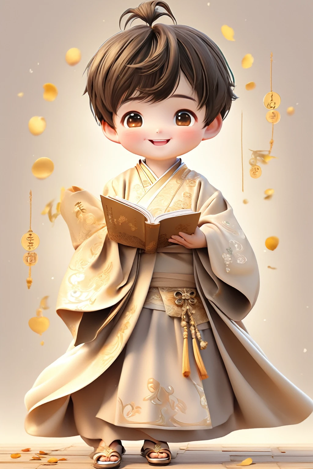 Little boy wearing light golden Hanfu，smiling, Cute numbers, Cute numbers艺术, Beautifully detailed digital art, Cute kawaii boy, Cute super realistic characters, Cute anime boy, Sweet laugh, Realistic cute boy, Beautiful character painting, Lovely characters, Fair skin，Super realistic，Lovely portrait, Cute expression, Kawaii realistic portrait, Take a book and read