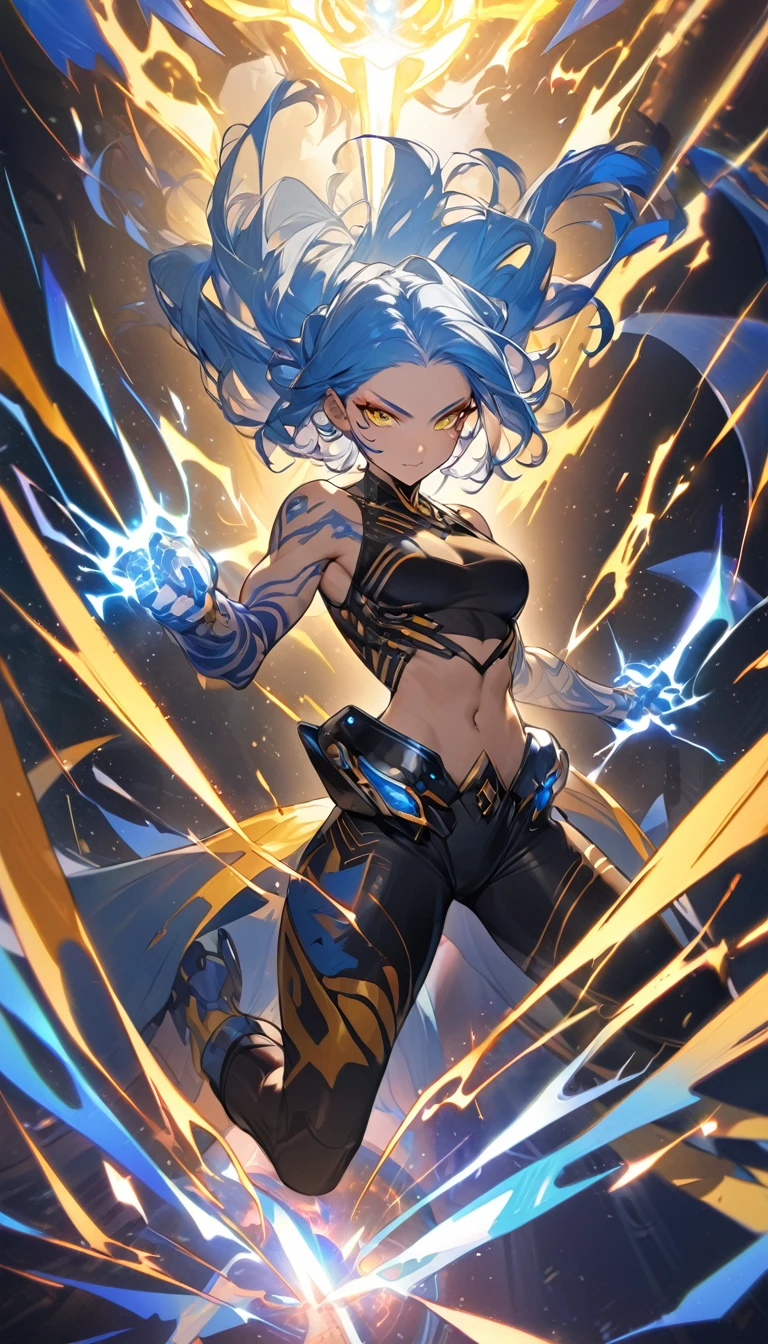 highest quallity, super quality, 16K, Incredibly Absurd, very detailled, delicate and dynamic, naturallight, A girl with tattoos, a little muscular, with blue hair and yellow highlights, with a rebellious appearance. She has electricity powers and wears a stylish costume to contain her power., with electric currents around her symbolizing her ability, Filipino,linda,TranT,he would be, semi goddess