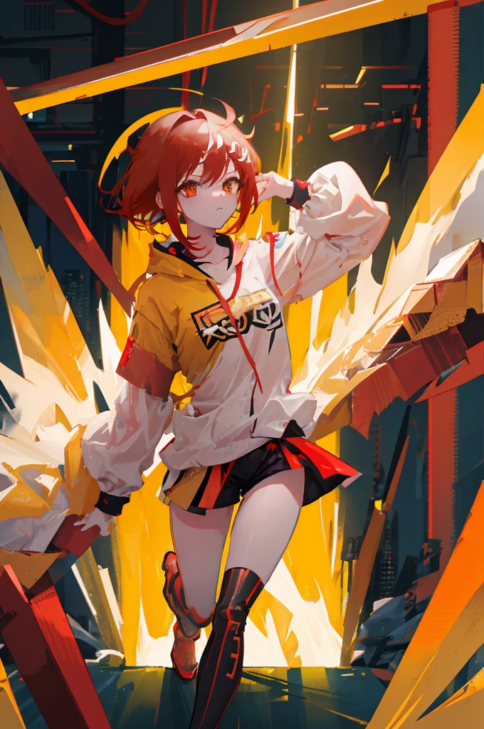 　Red Hair　Yellow Eyes　Bob　外はねBob　Confused eyes　Bob　Red Hair　Thick, vibrant red hair　Bob　whole body　female性　female　Cyberpunk Costume　Yellow costume　黄色いCyberpunk Costume　Dynamic pose　battle　electricity　Bobヘア electricityを操る