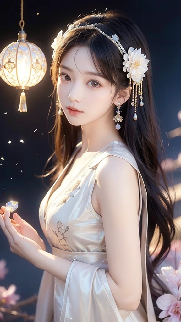 A beautiful and elegant Japanese female fortune teller、Age: 18 to 21 years、Colorful jeweled hair ornaments、Jeweled frame、Hair is brown, almost black、Holding a crystal on the palm of your hand、Light emanates from the crystal、Quartz is a crystal、The background and clothes are gold、In the background there is a circle-shaped interstellar、Image from the front、Camera-focused images、Ultra HD、Ultra-high resolution、Photorealistic、Traditional costumes of Dunhuang、Embroidered costume、Summer clothes、Glamorous Body、