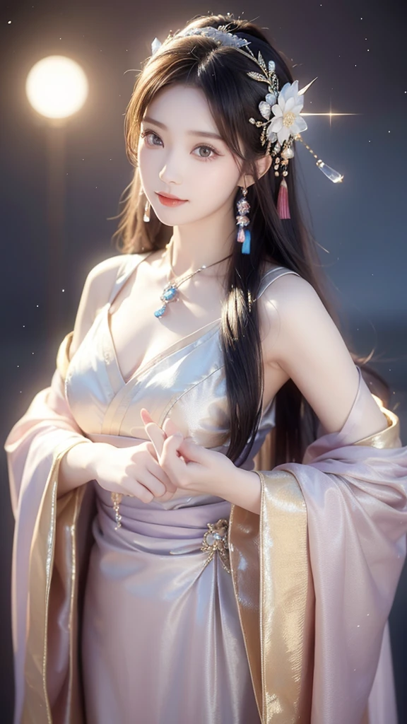 A beautiful and elegant Japanese female fortune teller、Age: 18 to 21 years、Colorful jeweled hair ornaments、Jeweled frame、Hair is brown, almost black、Holding a crystal on the palm of your hand、Light emanates from the crystal、Quartz is a crystal、The background and clothes are gold、In the background there is a circle-shaped interstellar、Image from the front、Camera-focused images、Ultra HD、Ultra-high resolution、Photorealistic、Traditional costumes of Dunhuang、Embroidered costume、Summer clothes、Glamorous Body、