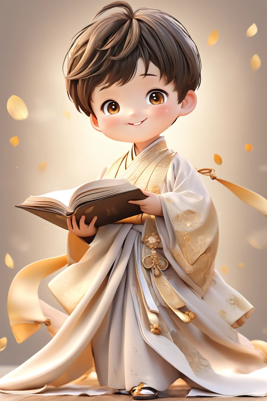 Little boy wearing light golden Hanfu，smiling, Cute numbers, Cute numbers艺术, Beautifully detailed digital art, Cute kawaii boy, Cute super realistic characters, Cute anime boy, Sweet laugh, Realistic cute boy, Beautiful character painting, Lovely characters, Fair skin，Super realistic，Lovely portrait, Cute expression, Kawaii realistic portrait, Take a book and read