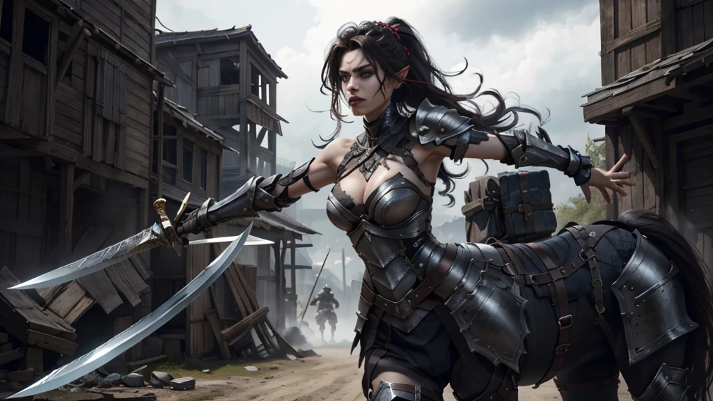 Create a highly detailed, Photorealistic, Realistic, and Unreal Engine 5-like image. This image depicts a highly detailed and realistic portrayal of a female warrior character. She has a determined and focused expression, with strands of her dark hair blowing in the wind. Her hair is tied back, with a few decorative hairpieces adding to her fierce look.

The character is dressed in intricately designed, dark, armored clothing, which appears both practical and protective. Her armor covers her shoulders, arms, and chest, with visible signs of battle damage and wear, including a noticeable cut on her exposed shoulder.

She is gripping a large, two-handed sword horizontally in front of her, with both hands on the hilt. The blade is sharp and reflective, adding to her imposing presence.

