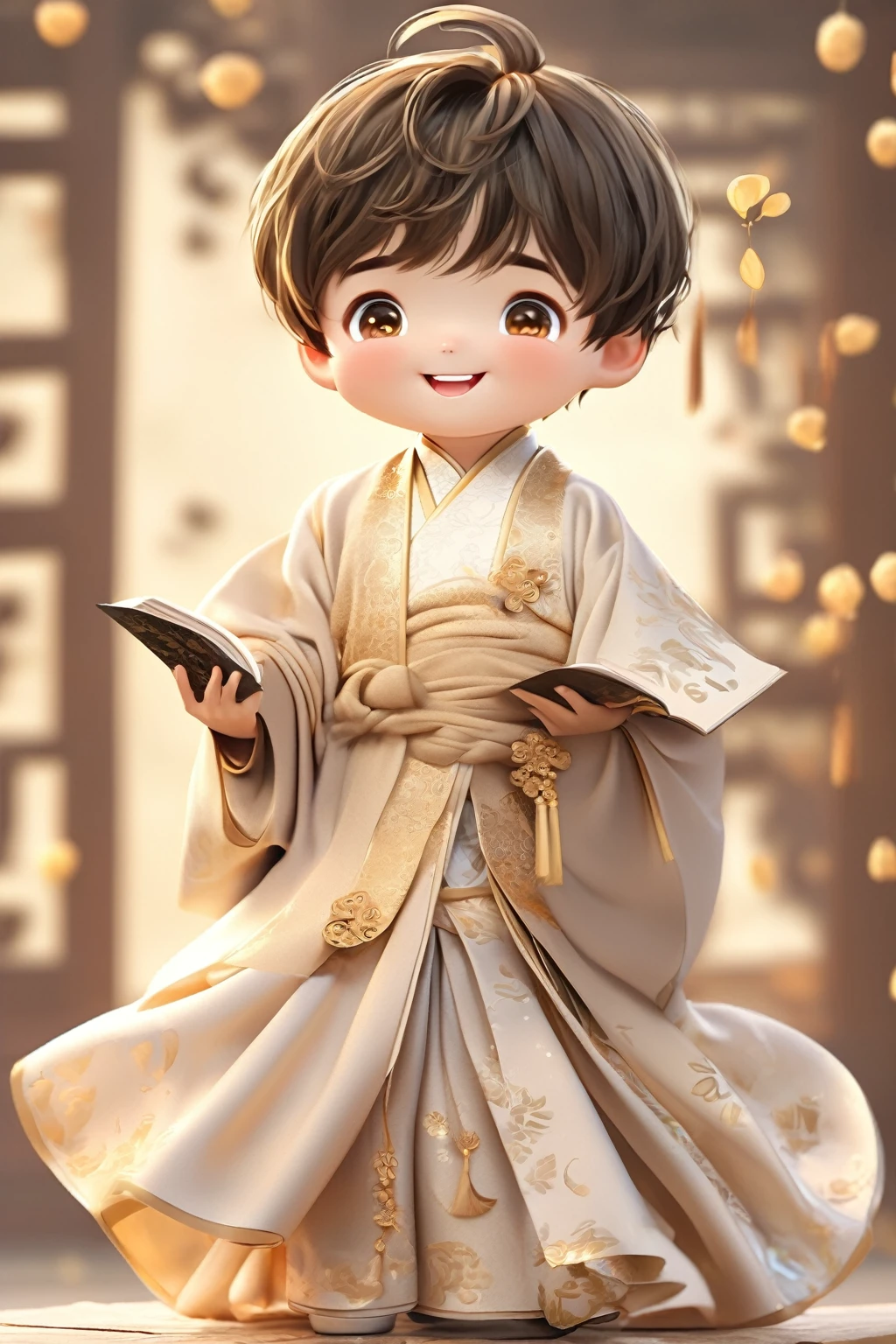 Little boy wearing light golden Hanfu，smiling, Cute numbers, Cute numbers艺术, Beautifully detailed digital art, Cute kawaii boy, Cute super realistic characters, Cute anime boy, Sweet laugh, Realistic cute boy, Beautiful character painting, Lovely characters, Fair skin，Super realistic，Lovely portrait, Cute expression, Kawaii realistic portrait, Take a book and read