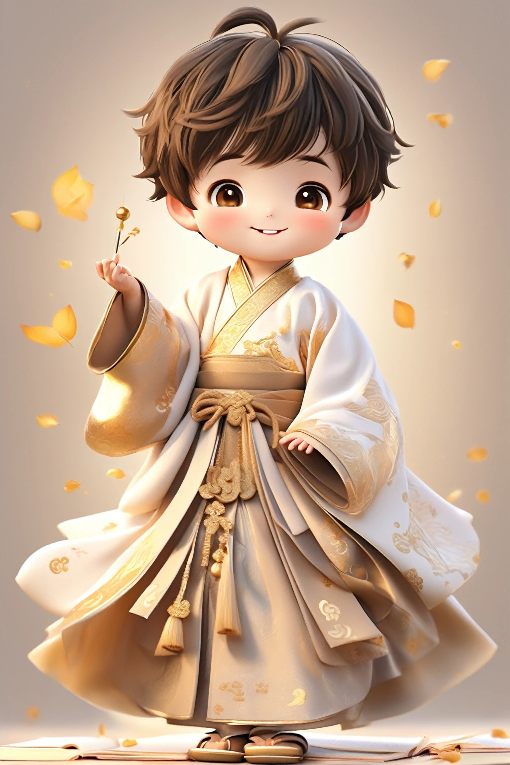 Little boy wearing light golden Hanfu，smiling, Cute numbers, Cute numbers艺术, Beautifully detailed digital art, Cute kawaii boy, Cute super realistic characters, Cute anime boy, Sweet laugh, Realistic cute boy, Beautiful character painting, Lovely characters, Fair skin，Super realistic，Lovely portrait, Cute expression, Kawaii realistic portrait, Take a book and read