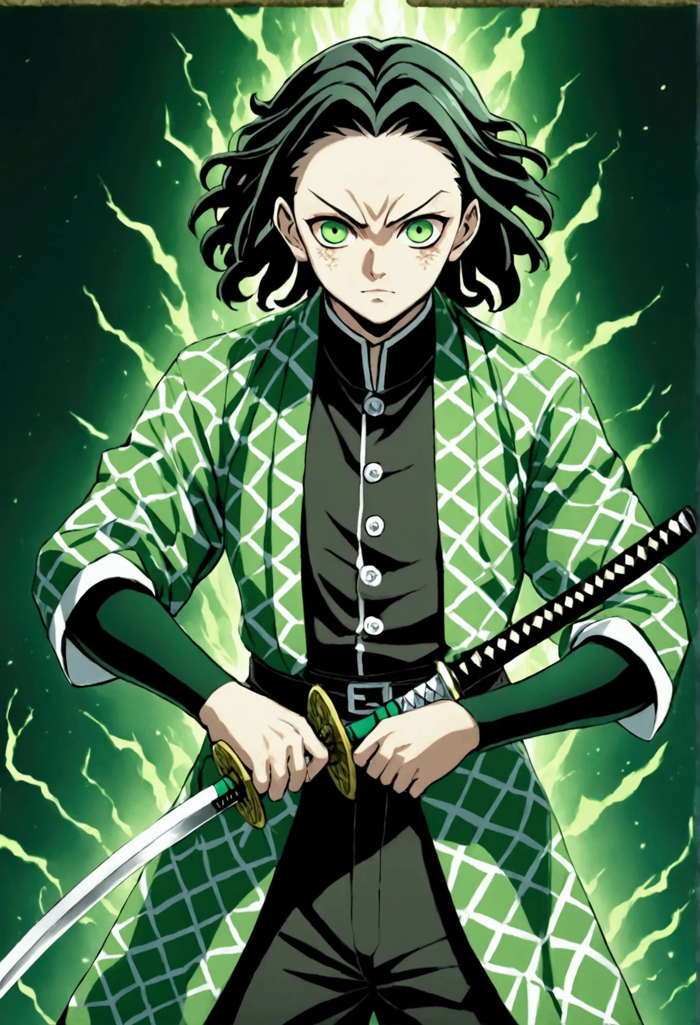 one guy, young guy, kimetsu no yaiba, katana, toxic breathing style, green clothes, green eyes, sword slash, green sword aura, n...