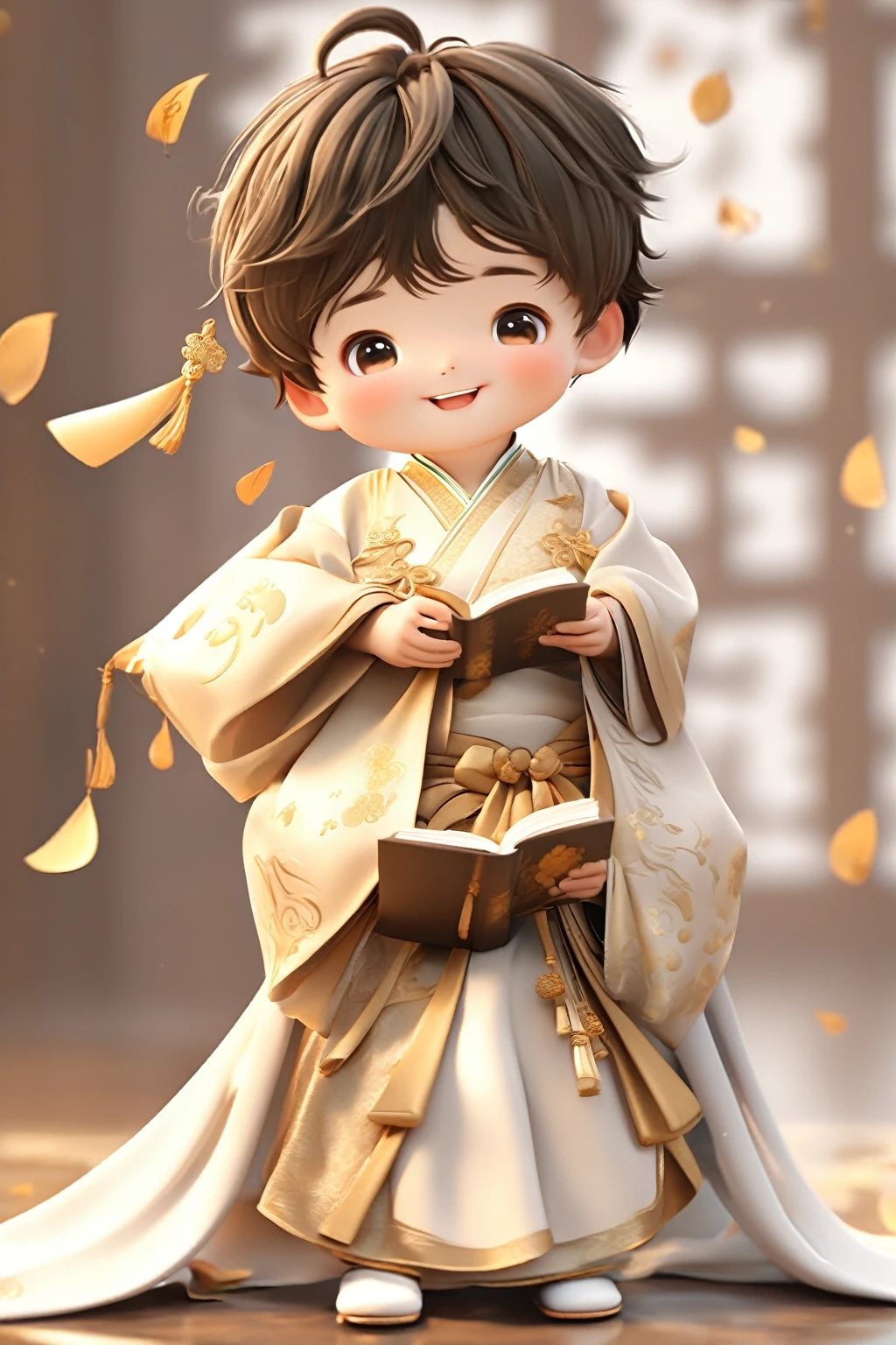 Little boy wearing light golden Hanfu，smiling, Cute numbers, Cute numbers艺术, Beautifully detailed digital art, Cute kawaii boy, Cute super realistic characters, Cute anime boy, Sweet laugh, Realistic cute boy, Beautiful character painting, Lovely characters,，Super realistic photo，Lovely portrait, Cute expression, Kawaii realistic portrait, Take a book and read