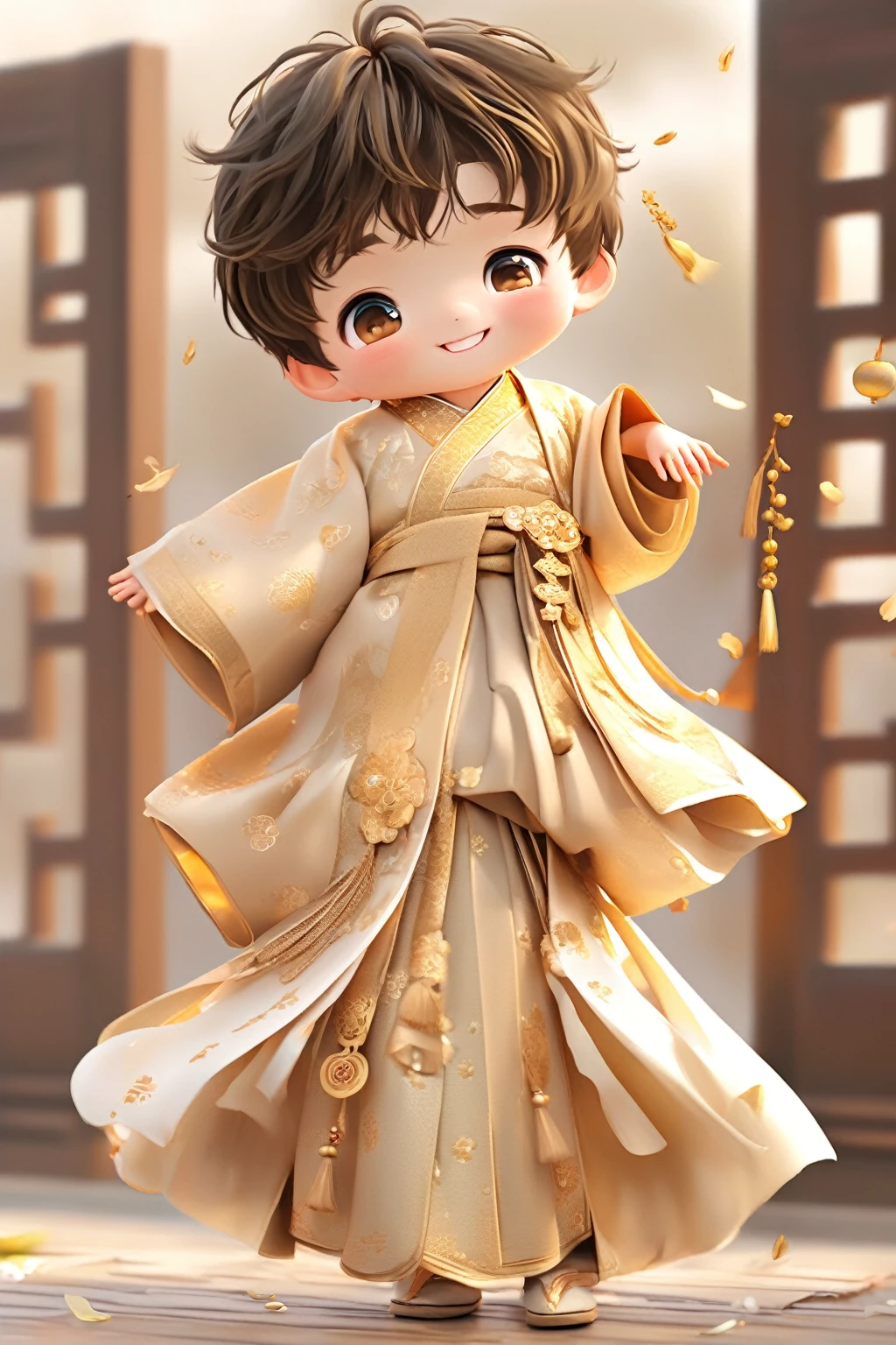 Little boy wearing light golden Hanfu，smiling, Cute numbers, Cute numbers艺术, Beautifully detailed digital art, Cute kawaii boy, Cute super realistic characters, Cute anime boy, Sweet laugh, Realistic cute boy, Beautiful character painting, Lovely characters,，Super realistic photo，Lovely portrait, Cute expression, Kawaii realistic portrait, Take a book and read