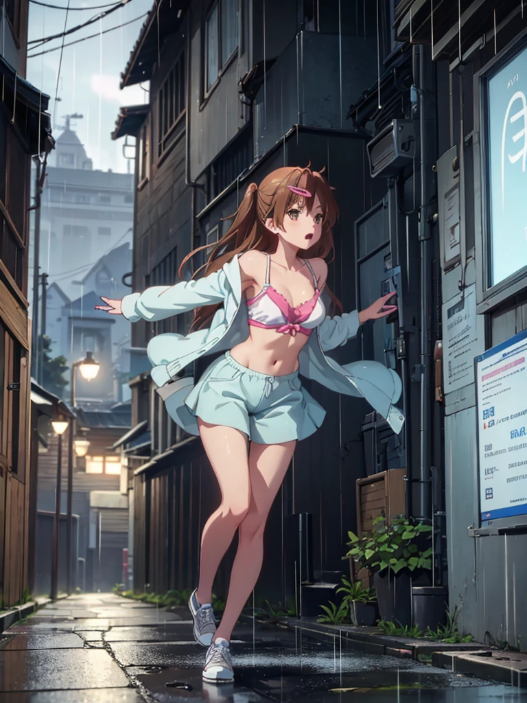 Girl, blue short, Unbuttoned Blouse, You can see her breasts,  Bare breasts, chest visible, street  background, Narrow passage between houses, night, rain, slim body, In full growth, Sneakers , small breast, Bare breasts, She threw open her hands 