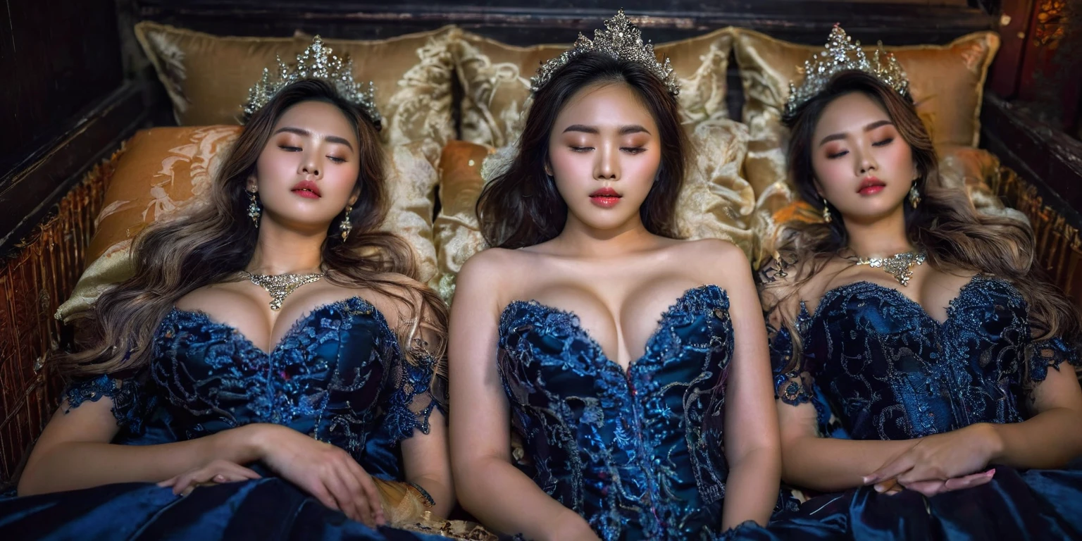 In a striking 8K HDR scene, a stunning Korean woman, 22 years old, lies peacefully in a black coffin surrounded by plush pillows. The deep box is set against a rich black background, accentuating the beauty of the subject. Her exquisite deep-V neckline kebaya attire is embroidered with superb detail, showcasing her round and firm breasts, perfect cleavage, and beautiful eyebrows. Her closed eyes and mouth give an air of serenity, while her visible and absolute cleavage leave nothing to imagination. The scene is bathed in saturated colors, highlighting every intricate aspect from the ball skirt to her clean face, straight body, detailed hand perfect hands, straight body, own hands together, own hand on stomach, detailed hands, perfect hands.