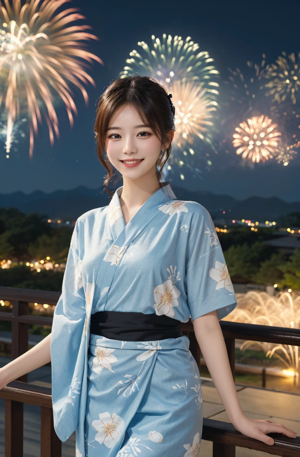 masterpiece, Highest quality, Very detailed, In detail, High resolution, 8k wallpaper, Perfect dynamic composition, Beautiful attention to detail, I can see the valley、yukata, Fireworks display, Smile