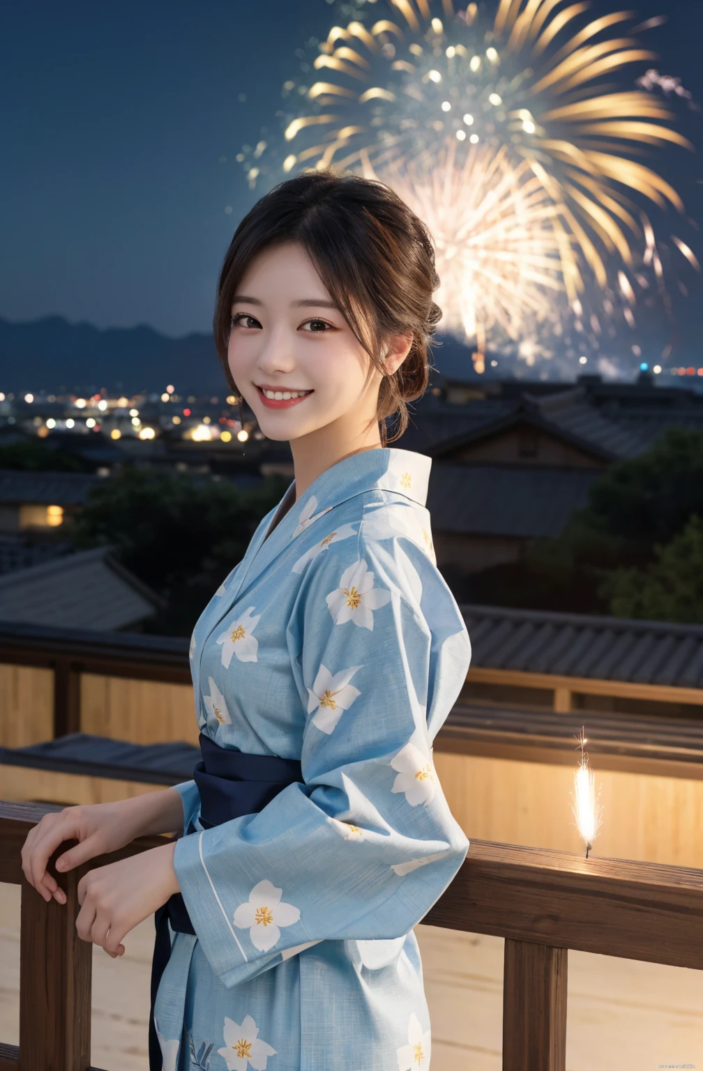 masterpiece, Highest quality, Very detailed, In detail, High resolution, 8k wallpaper, Perfect dynamic composition, Beautiful attention to detail, I can see the valley、yukata, Fireworks display, Smile