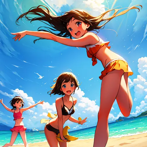 Girls playing at the beach in summer
