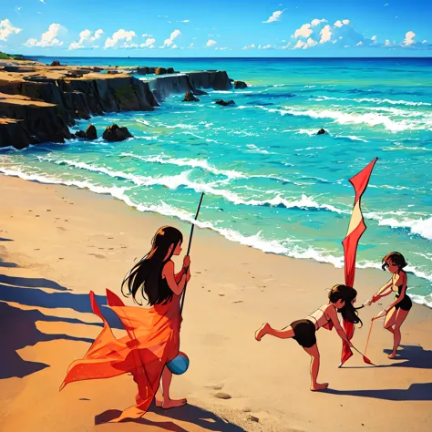 Girls playing at the beach in summer