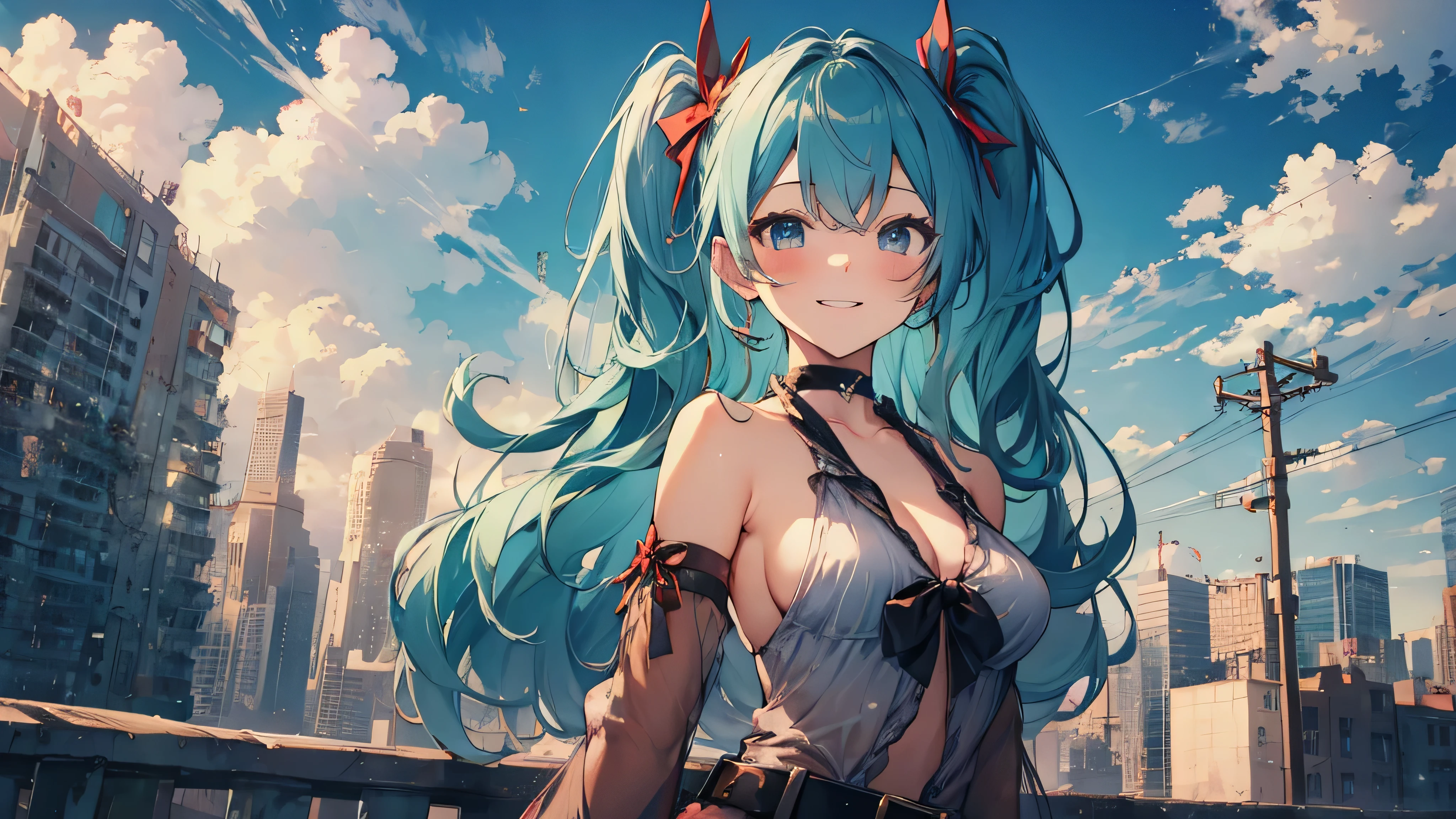 soles, masterpiece, Hatsune Miku, 1 person, solo, hair inhalation, face up, blue sky, glow white particle, (sidelighting:1.2), sun rise , pink cloud, detailed clouds, slender, Lovely small exposed breasts, super cute smile with teeth, red cheek, blushing, beautiful green hair, magic light, deep shiny blue eyes, cute girly pause, Draw your breasts inward and push them up, choker, pink see-through blouse with blue  tie, blue skirt , white belt, on the roof of building, super detailed beautiful city view background, wide shot, give wink