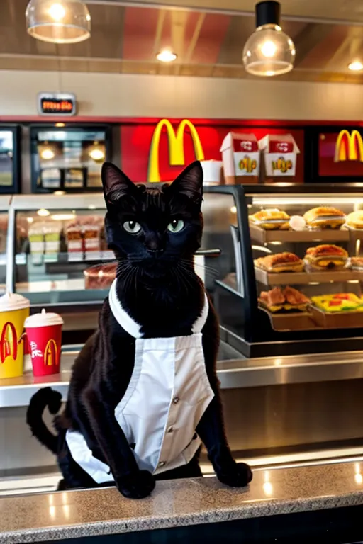 a black cat working at mcdonalds, wearing a uniform, standing at the counter, taking orders, with a friendly expression, in a cl...