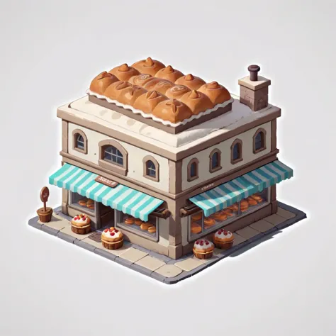 isometric model,a bakery,white background,game architecture design,cartoon,casual game style, game assets,isometric,2d,game art