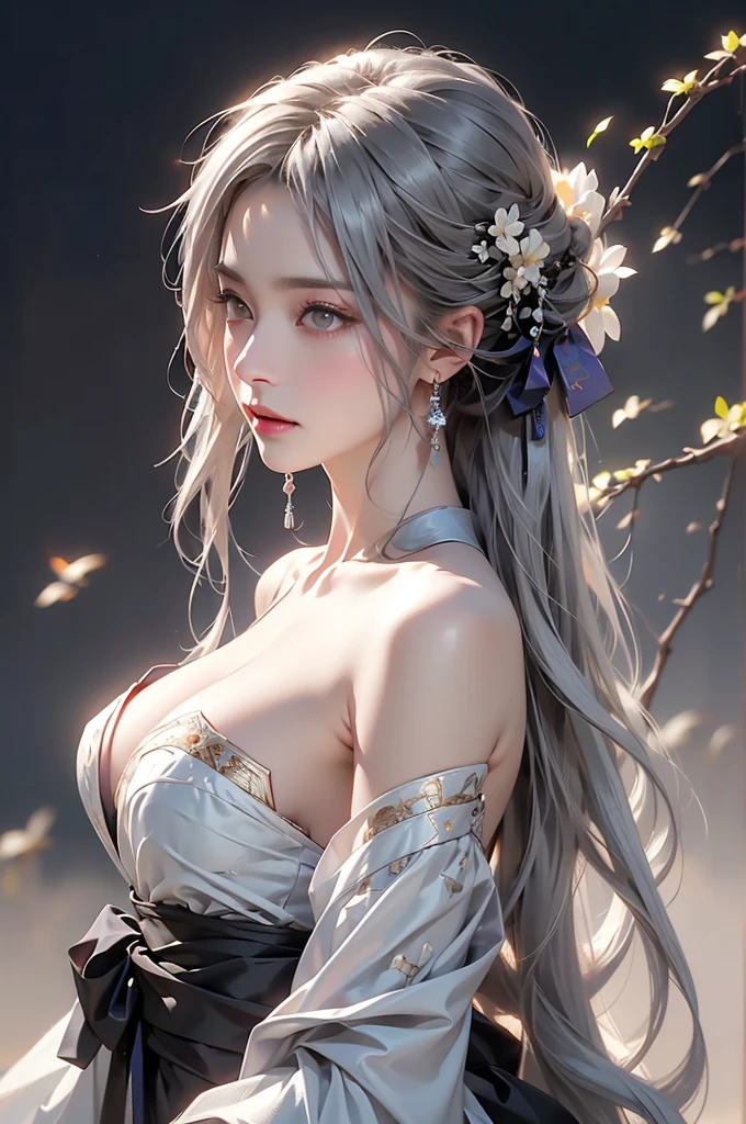 ((Picture from the waist up:1.3))super high quality, masterpiece, Perfect illustration, Very detailed (Exquisite light and shadow, Very dramatic photo,Backlight) , ((Gray Hair:1.5))1 Girl,(( alone:1.6)), (Wearing Han clothes, Black Hanfu,Monotony,Long sleeve、Gorgeous costumes、Highly decorated Hanfu) Flower Field, Flowers, (White smoke:1.3) (Realistic:1.4), Zen Intertwining, Tangled, Official Art, unity 8k wallpaper, Very detailed, Beautiful and beautiful, masterpiece, Highest quality, (Dynamic Angle: 1.4), Glowing Skin, (Floating colorful flashes: 1) The most beautiful chaotic shapes, elegant, Brutalist Design, Bright colors, Romantic Depth of Field Exotic_dance, half_naked、Expose your shoulders、Ample breasts、Great cleavage、Dynamic pose、Backlight,((from back side))
