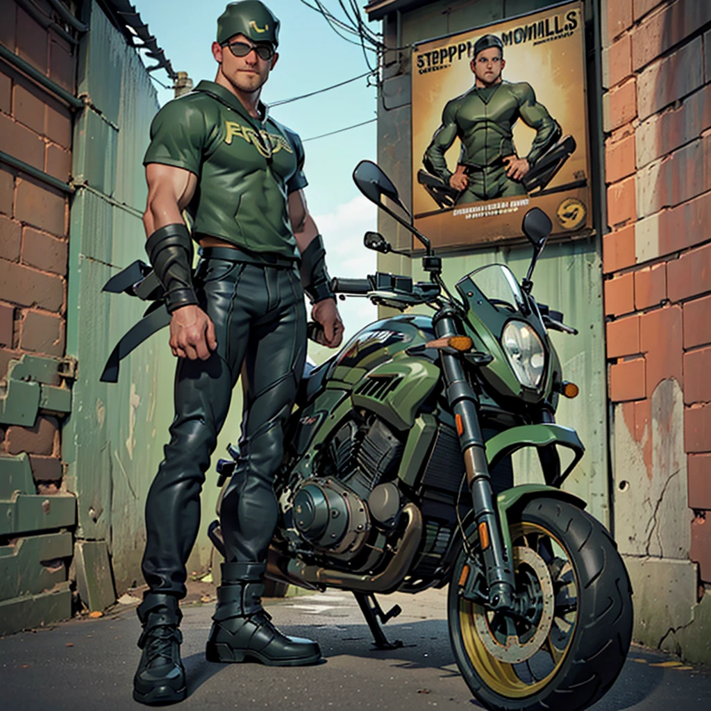 32 mil, alta qualidade , rosto detalhado , mãos detalhadas , músculos detalhados motocicleta detalhada , (((Stephen Amell •))) parado perto dele (((motocicleta 1.2))), posando em uma rua ,em pé com as pernas abertas, Mostrando seus músculos, sem camisa vestindo uma calça verde escura bem baixa com faixa marrom, parede de tijolos de fundo com cartazes de saúde masculina