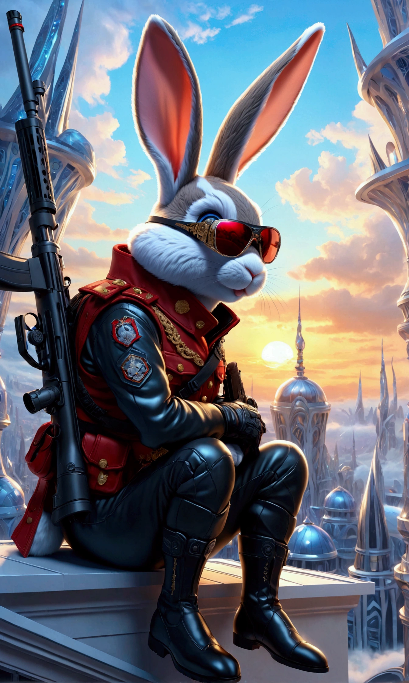 (Close-up of anthropomorphic bunny sitting on edge of roof and aiming with elite sniper rifle:1.3), (rifle has ornate red handle:1.1), (stylish high-neck military jacket:1.1), black-white clothes, (leather gloves, cool glasses:1.1), (pants with pockets:1.2), (background is futuristic crystal towers:1.1), (beautiful cloudy twilight:1.2), (futuristic architecture with intricate otherworldly design:1.2), bright colors, masterpiece in maximum 16K resolution, best quality, ultra detailed, aesthetics, absurdes.
