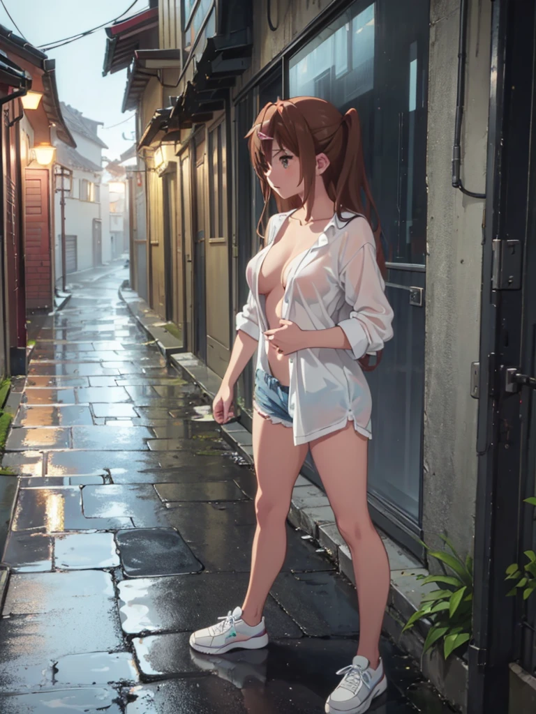 Girl, blue short, Unbuttoned Blouse, Blouse on a naked body,  You can see her breasts,  Bare breasts, chest visible, street  background, Narrow passage between houses, night, rain, slim body, In full growth, Sneakers , Bare breasts, She threw open her hands 