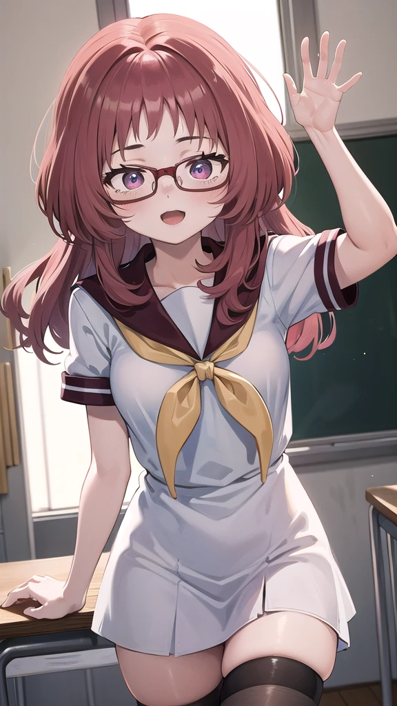 Masterpiece, perfect lighting, (beautiful, Best quality: 1.3), Perfect eyes, absurd, 8k, 1 girl, alone, (absurds), finely detailed, very large, Violet eyes, red hair, red glasses, small breasts, smiling , open mouth, in love, looking at viewer, posing flirtatiously, thighs, glasses, wide, black stockings, Serapuku, sailor collar, yellow scarf, white shirt, red dress, red hair, classroom