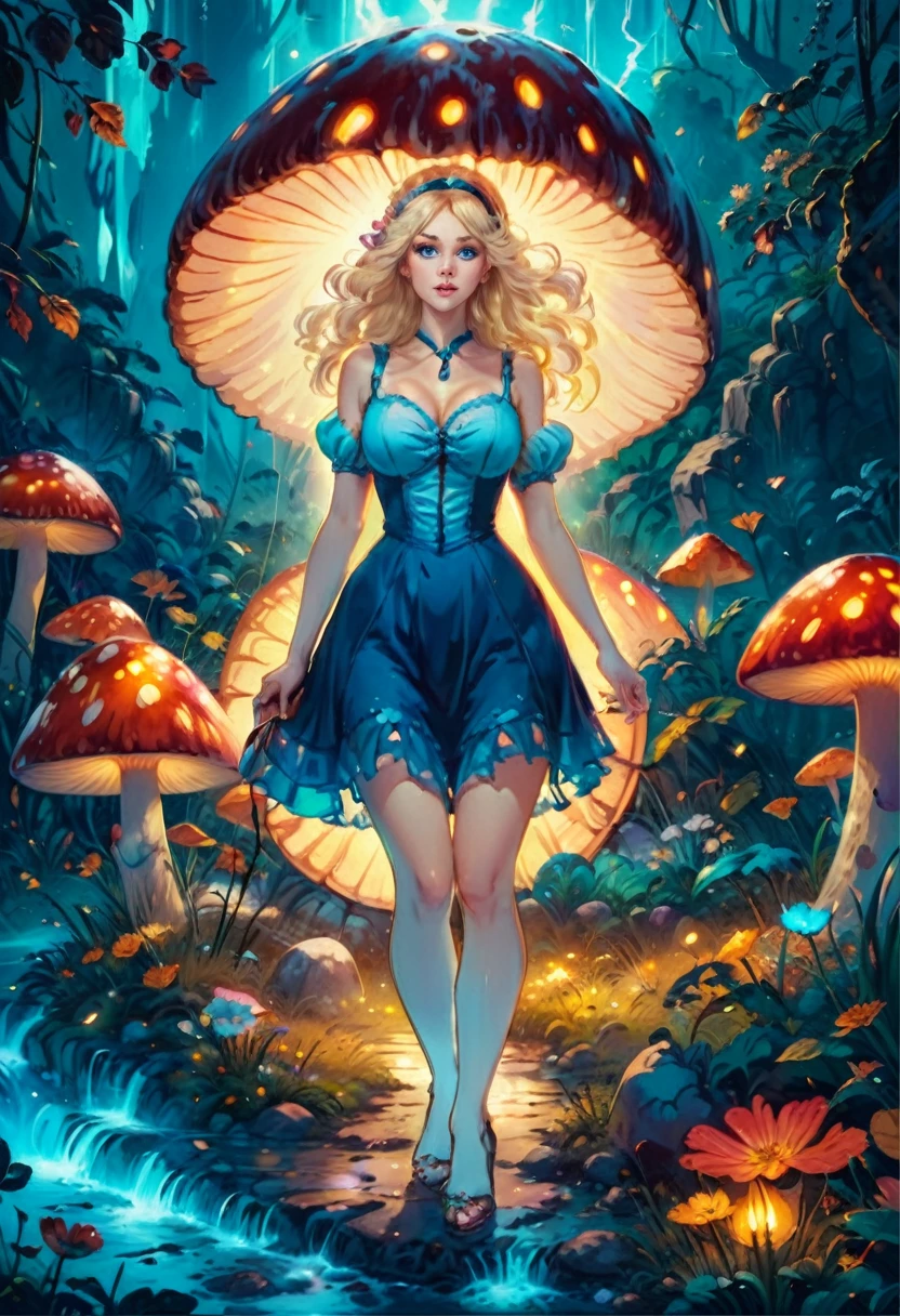 a beautiful 20 year old blonde woman with big messy hair in a blue dress, white stockings, black headband, cleavage, holding a glowing mushroom in her hands, sitting on a giant glowing mushroom, fantasy art style, rossdraws cartoon vibrant, alice in wonderland cyberpunk, cute detailed digital art, colorfull digital fantasy art, digital fantasy art ), glossy digital painting, rossdraws pastel vibrant, rossdraws 2. 5, rossdraws 1. 0