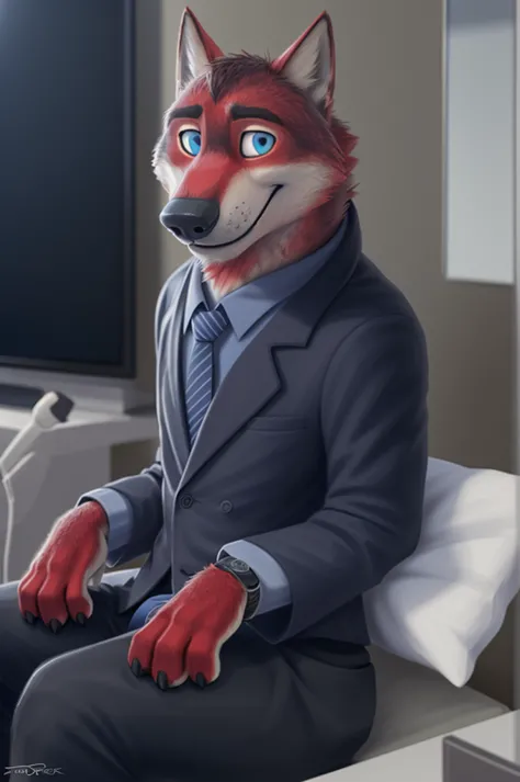 Joachim Wolfbach (Zootopia),tall handsome, wolf,young, 24 years, brown fur, hair on the head,(red body:1.3),Blue eyes, Moscow Dr...
