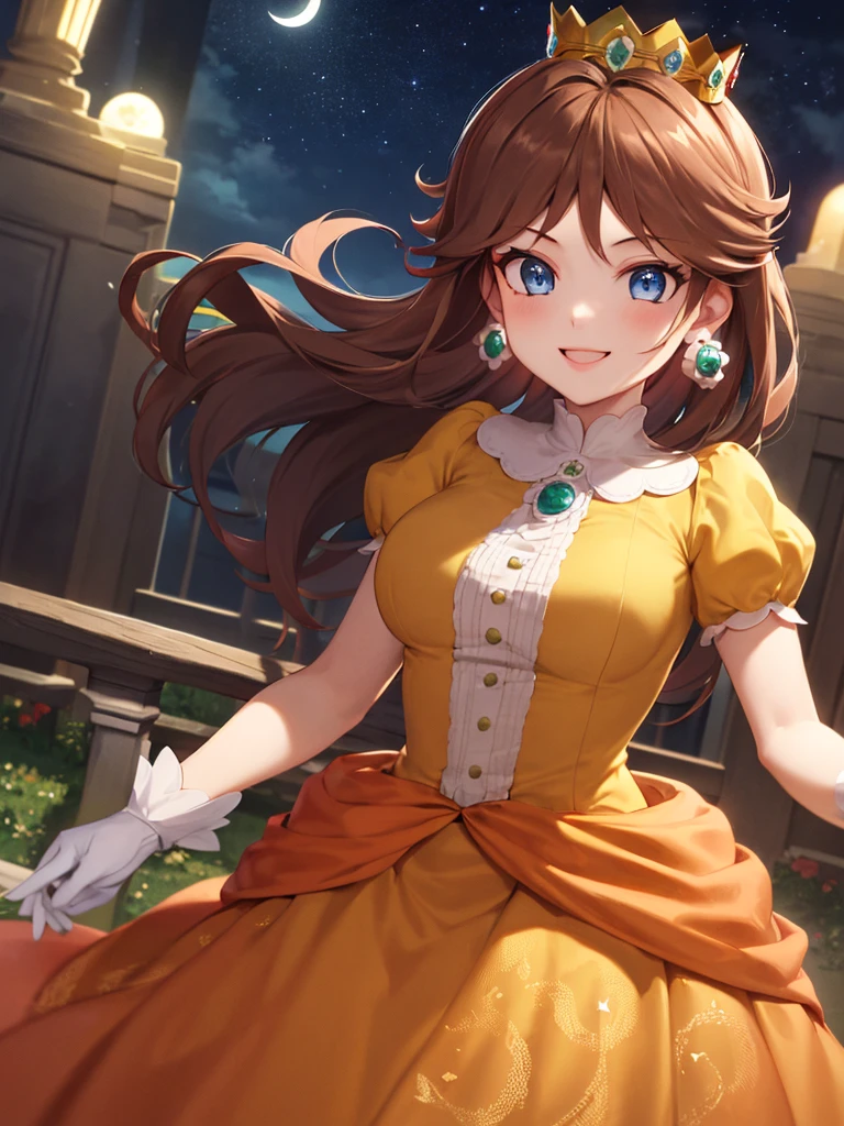 ((best quality)), ((highly detailed)), masterpiece, absurdres, (detailed eyes, deep eyes), (1girl), cowboy shot, standing, princess daisy, brown hair, medium hair, blue eyes, crown, earrings, medium breasts, smiling, (yellow dress), white gloves, (night, night sky, stars, half moon)