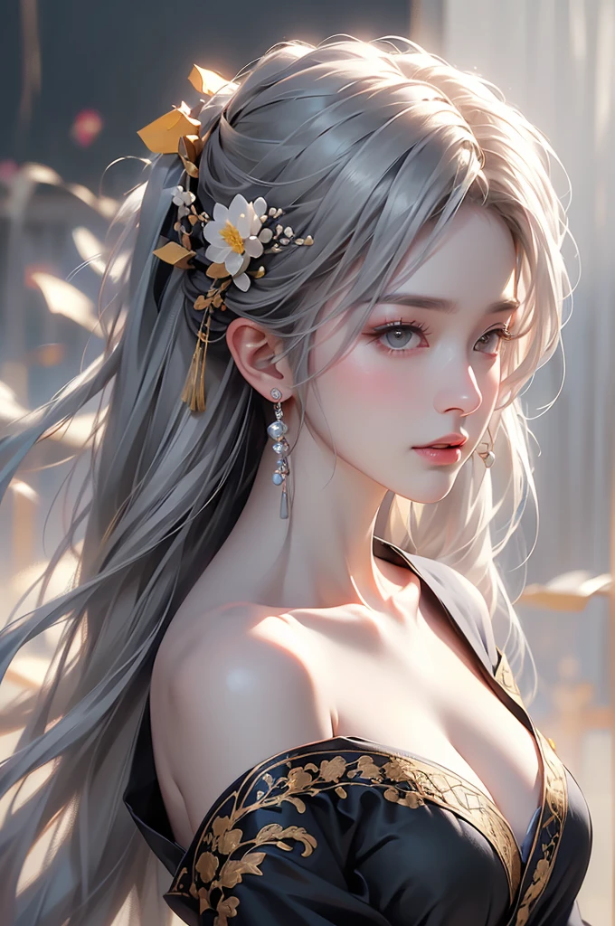 ((Picture from the waist up:1.3))super high quality, masterpiece, Perfect illustration, Very detailed (Exquisite light and shadow, Very dramatic photo,Backlight) , ((Gray Hair:1.5))1 Girl,(( alone:1.6)), (Wearing Han clothes, Black Hanfu,Monotony,Long sleeve、Gorgeous costumes、Highly decorated Hanfu) Flower Field, Flowers, (White smoke:1.3) (Realistic:1.4), Zen Intertwining, Tangled, Official Art, unity 8k wallpaper, Very detailed, Beautiful and beautiful, masterpiece, Highest quality, (Dynamic Angle: 1.4), Glowing Skin, (Floating colorful flashes: 1) The most beautiful chaotic shapes, elegant, Brutalist Design, Bright colors, Romantic Depth of Field Exotic_dance, half_naked、Expose your shoulders、Ample breasts、Great cleavage、Dynamic pose、Backlight,((from back side))
