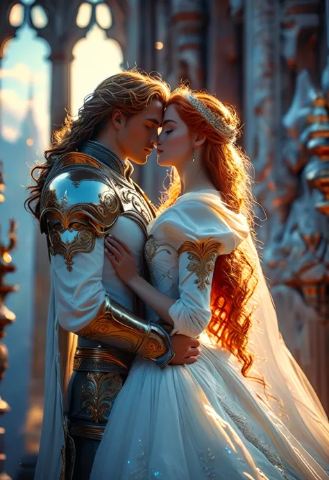 Romance in a heavenly landscape, (((Caucasian skin))) loving couple in their 20s, a (blonde-haired imperial duke) The love is ((...