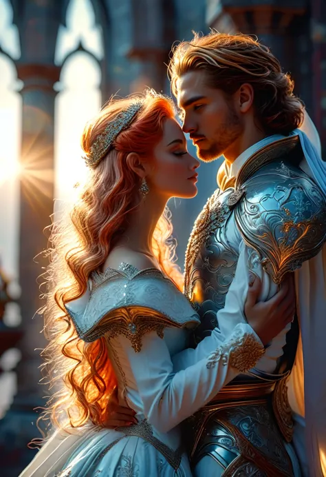 Romance in a heavenly landscape, (((Caucasian skin))) loving couple in their 20s, a (blonde-haired imperial duke) The love is ((...