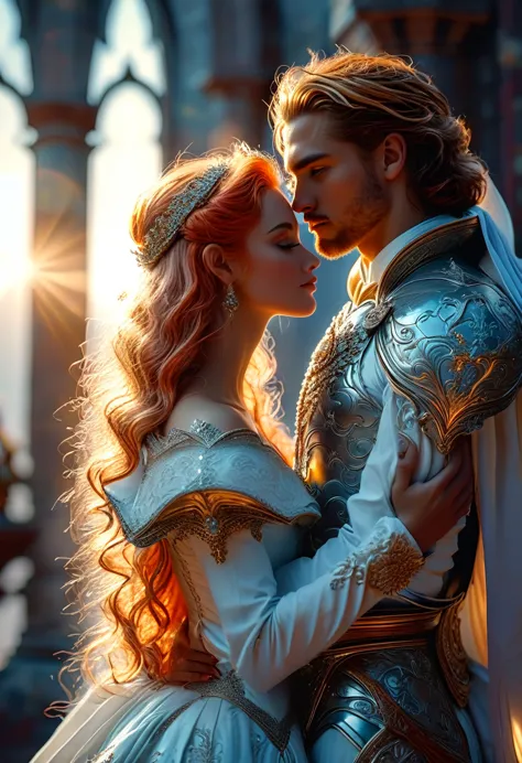 romance in a heavenly landscape, (((caucasian skin))) loving couple in their 20s, a (blonde-haired imperial duke) the love is ((...