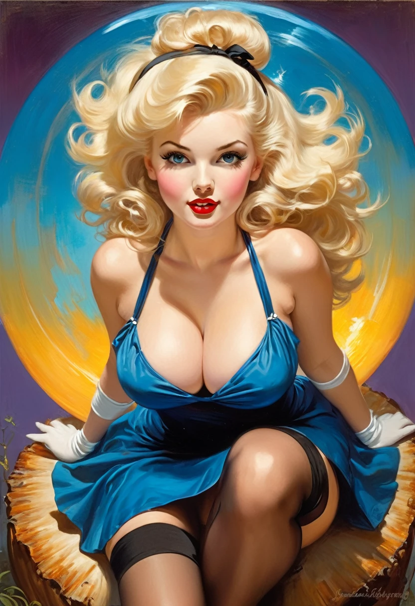 吉爾·埃爾夫格倫 (Gil Elvgren) 的海報風格畫作，畫的是一位頭髮凌亂的金發美女, 帶著細細的黑色髮帶, 穿著誘人的藍色短裙, 劈裂, 白絲襪, 以挑衅的姿势, 在一個巨大的發光蘑菇上, 充滿活力和多彩, 