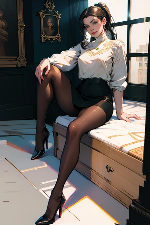 (realistic illustration:1.3), A very beautiful Russian woman. 31yo, brunette, green eyes, short, perfect figure, small breasts,(smile),  Turtleneck blouse, pencil skirt, high heels, ponytail. Masterpiece, (highly detailed:1.2),(detailed face and eyes:1.2), 8k wallpaper, natural lighting. core shadows, high contrast, bokeh.(rule of thirds),(tan color, RealPantyhose:1)