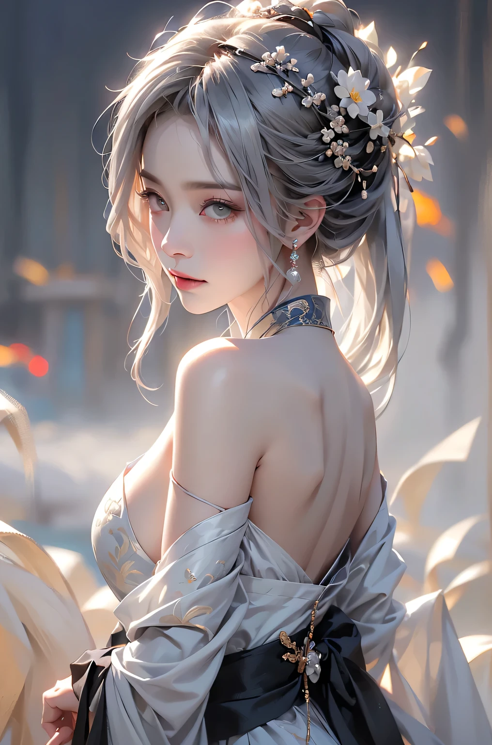 ((Picture from the waist up:1.3))super high quality, masterpiece, Perfect illustration, Very detailed (Exquisite light and shadow, Very dramatic photo,Backlight) , ((Gray Hair:1.5))1 Girl,(( alone:1.6)), (Wearing Han clothes, Black Hanfu,Monotony,Long sleeve、Gorgeous costumes、Highly decorated Hanfu) Flower Field, Flowers, (White smoke:1.3) (Realistic:1.4), Zen Intertwining, Tangled, Official Art, unity 8k wallpaper, Very detailed, Beautiful and beautiful, masterpiece, Highest quality, (Dynamic Angle: 1.4), Glowing Skin, (Floating colorful flashes: 1) The most beautiful chaotic shapes, elegant, Brutalist Design, Bright colors, Romantic Depth of Field Exotic_dance, half_naked、Expose your shoulders、Ample breasts、Great cleavage、Dynamic pose、Backlight,((from back side))
